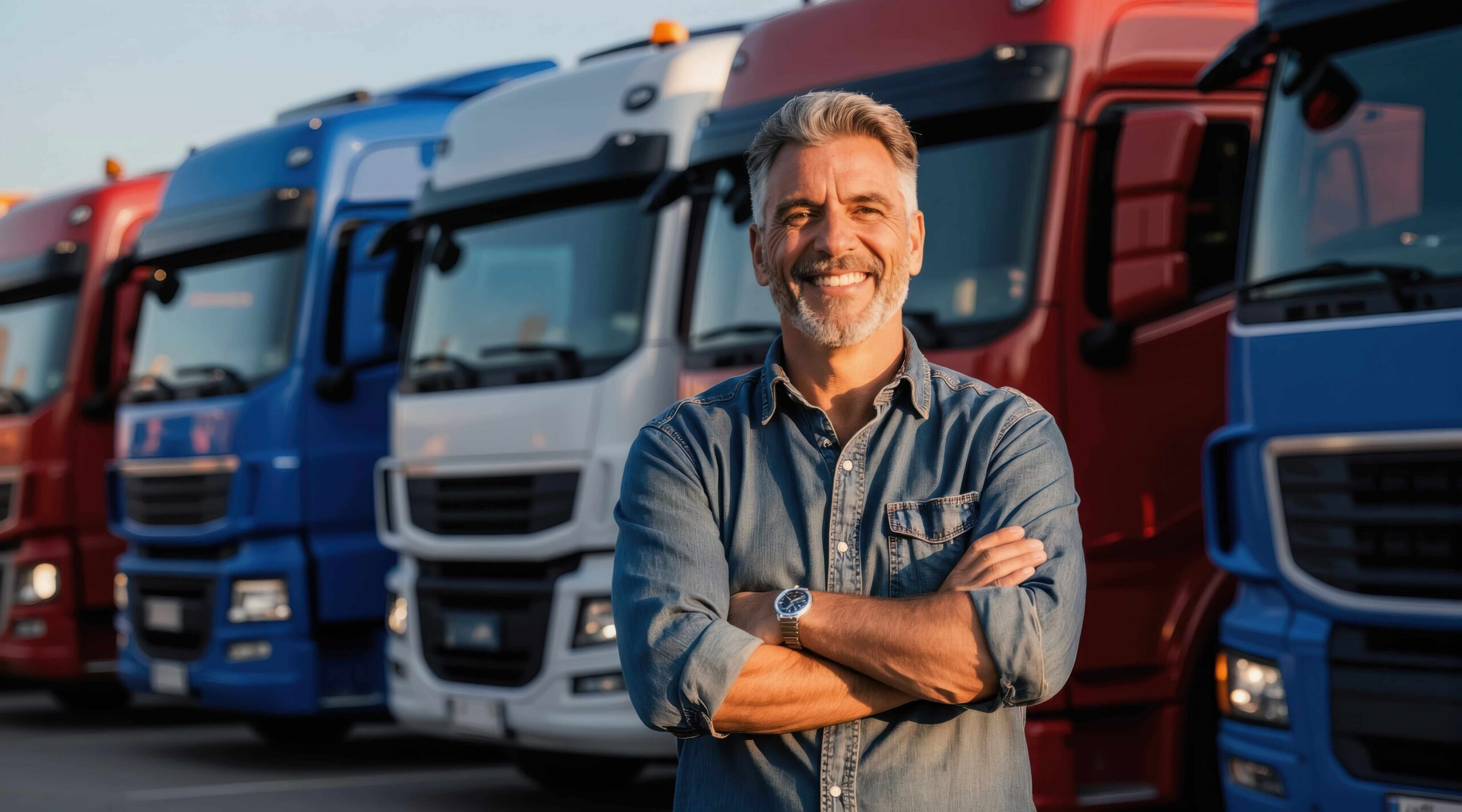 Transportation company owner standing in front of his truck fleet